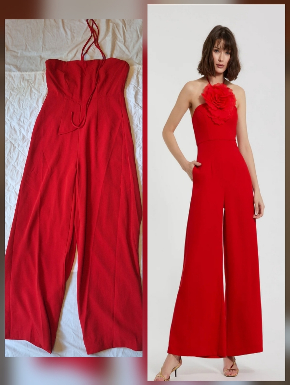 Mac Duggal Crepe Halter Neck Missing Flower Detail Jumpsuit Romper Cherry Red 8
